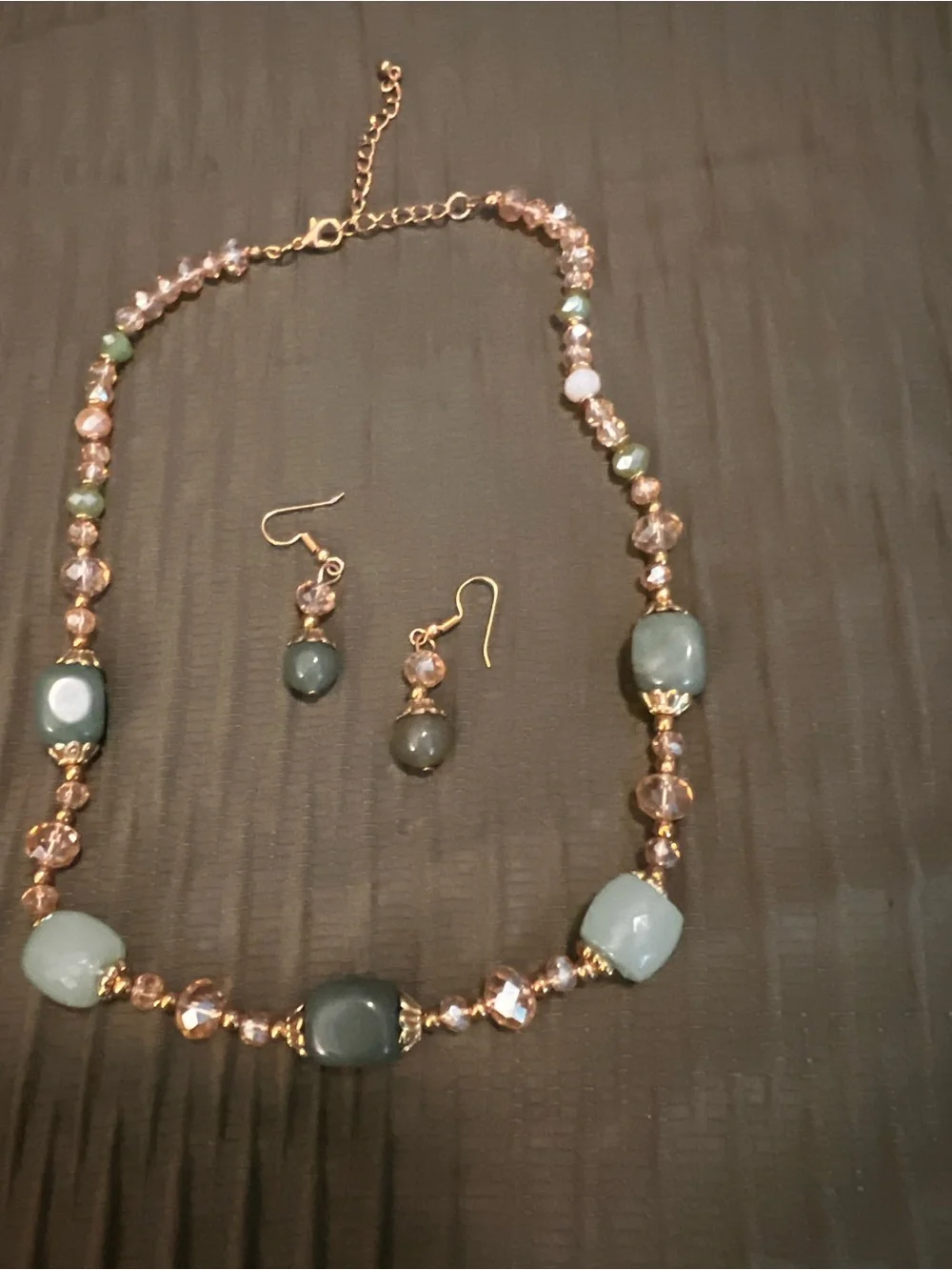 Gold-Tone Green Bead Necklace & Earrings Set